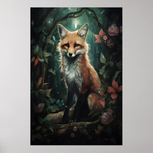 Fox In Magic Flower Forest Print, Dark Academia Poster