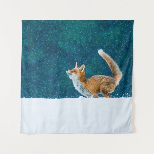 Fox in snowfall. Red fox, Vulpes vulpes, jumping i Tapestry (Front)