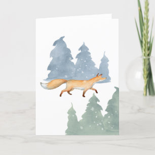 Fox in Snowy Forest Watercolor Holiday Nature Card