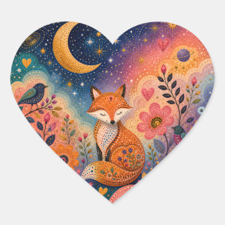 Fox in Star Garden Heart Sticker