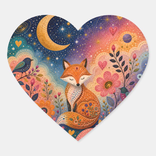 Fox in Star Garden Heart Sticker (Front)