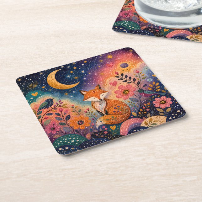 Fox in Star Garden Square Paper Coaster (Angled)