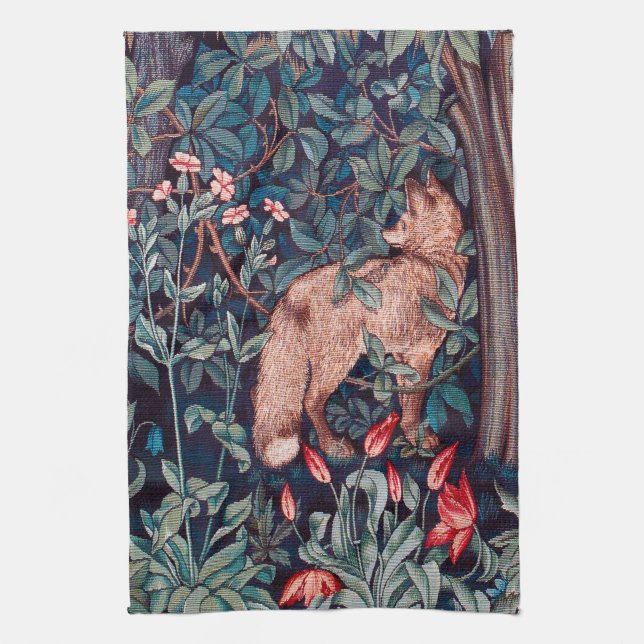 Fox in The Forest, William Morris Tea Towel (Vertical)