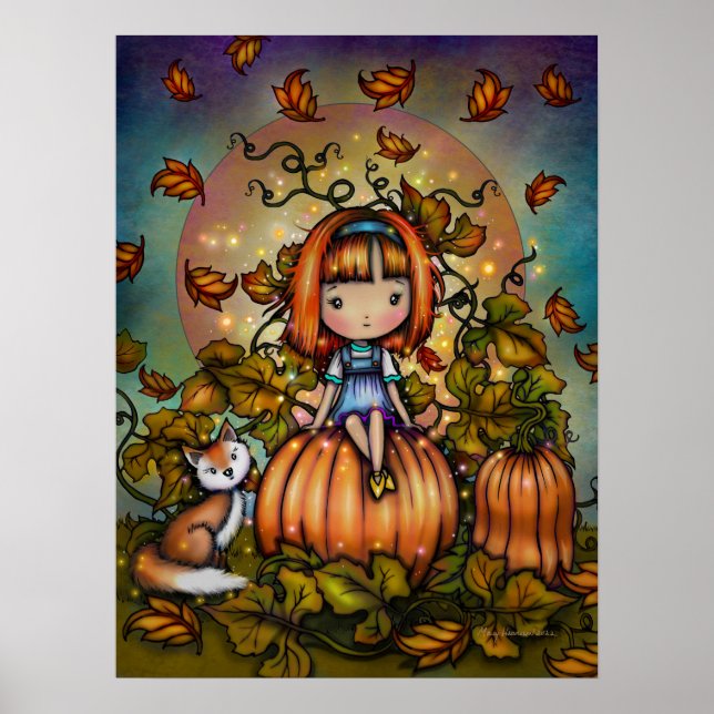 Fox in the Pumpkin Patch Cute Autumn Art Poster (Front)