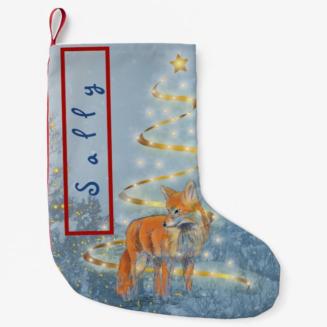 Fox in the Snow with Ribbon Tree Your Name Small Christmas Stocking (Front)