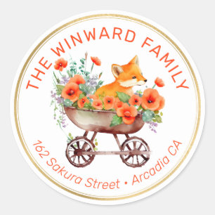 Fox in Wheelbarrow and Orange Floral Address Classic Round Sticker