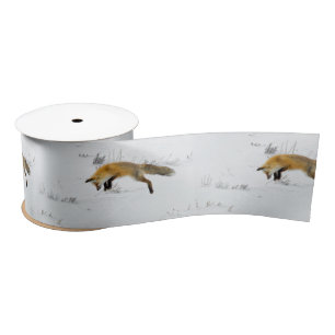 Fox Jumping Snow Photo Satin Ribbon