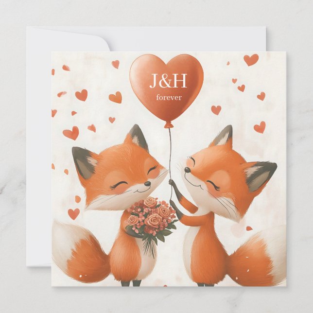 Fox Love Design with Customizable Initials Holiday Card (Front)