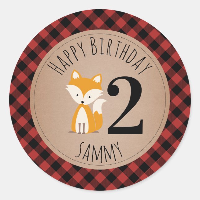 Fox Lumberjack Plaid Baby Birthday Classic Round Sticker (Front)
