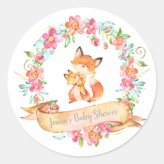 Fox Mum Baby Floral Wreath Spring Shower Woodland Classic Round Sticker (Front)