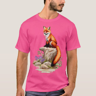 Fox Nature Pixel Animal Flowers Art Fox T-Shirt