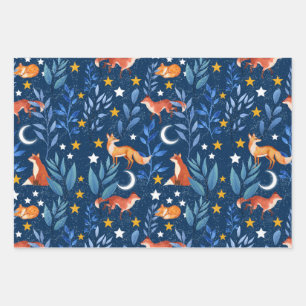 Fox Night Forest Celestial Seamless Pattern Wrapping Paper Sheet