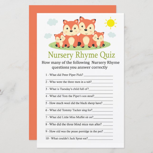 Fox Nursery Rhyme Quiz baby shower game (Front/Back)