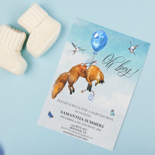 Fox Oh Boy Watercolor Balloon  Invitation (Creator Uploaded)