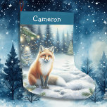 Fox on a Winter Night in the Magical Forest Large Christmas Stocking<br><div class="desc">Personalised Christmas stocking. A cute ai watercolor illustration of a fox sitting in the snow on a cold winter night in a magical winter wonderland.</div>