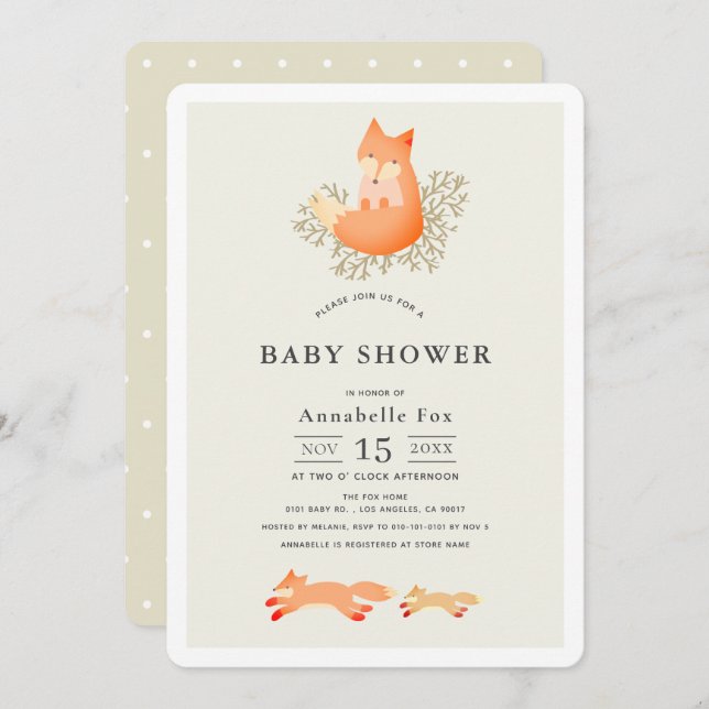 Fox on Branch Beige Baby Shower Invitation (Front/Back)