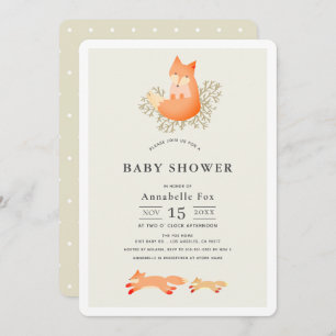 Fox on Branch Beige Baby Shower Invitation