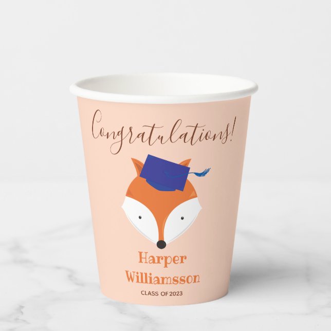 Fox Orange Blue Kid Graduation Paper Cups (Front)