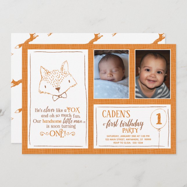 Fox Orange White 1st Birthday Photo Invitation (Front/Back)