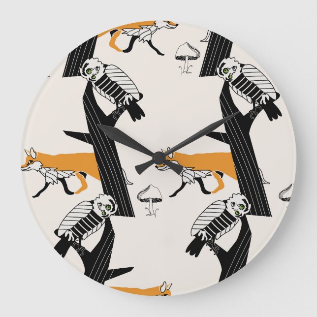 Fox, owl, tree, vintage seamless. large clock (Front)