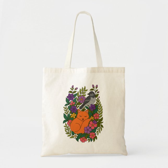 Fox, pigeon and flowers tote bag (Front)