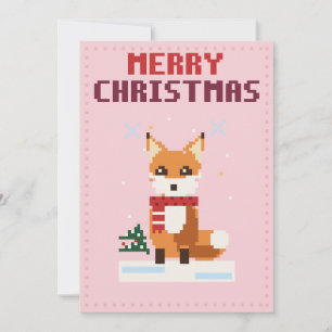 Fox Pink Pixel Art Christmas Card