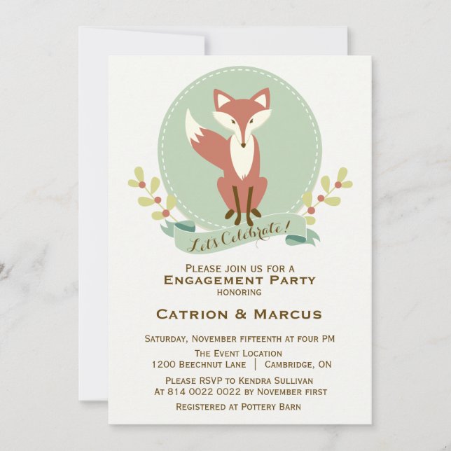 Fox Portrait Floral Engagement Party Invitation (Front)