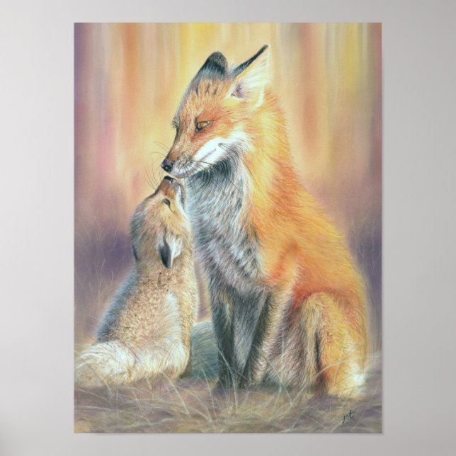 Fox print wall art poster. A fox mother and Cub (Front)