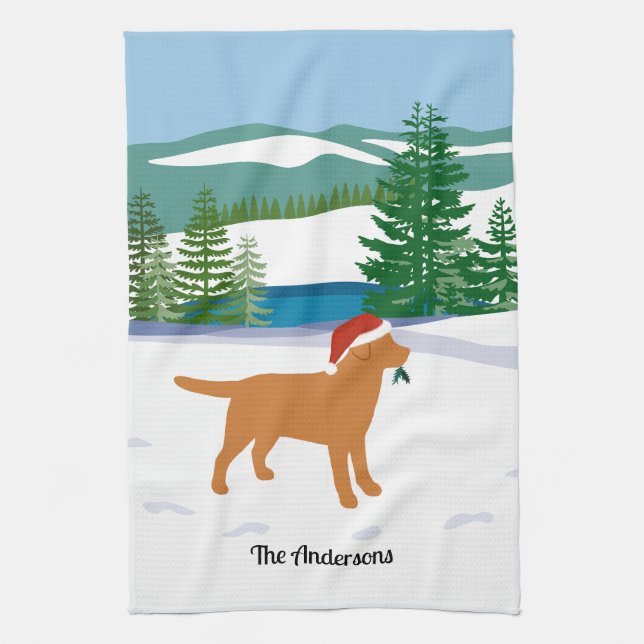 Fox Red Labrador Christmas Evergreen Santa Hat Tea Towel (Vertical)