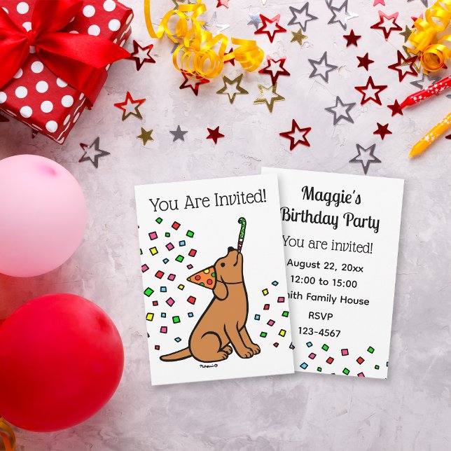 Fox Red Labrador Confetti Birthday Party  Invitation (Fox Red Labrador Confetti Birthday Party Invitation for Labrador Owners.  Cartoon art design.)