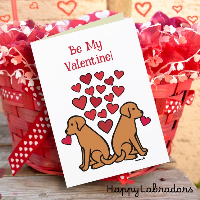 Fox Red Labrador Duo Hearts Valentine Holiday Card (Two Fox Red Labradors Valentine's Card for Labrador Owners.  Sweet Cartoon design with red hearts.)
