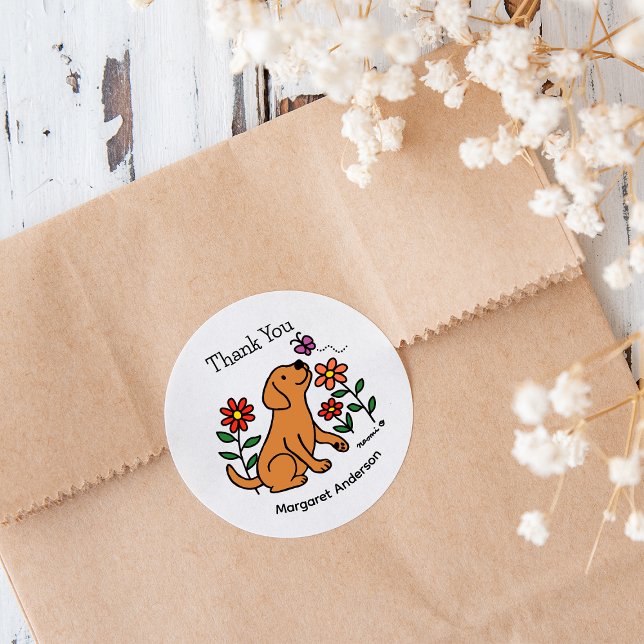 Fox Red Labrador Flowers Cartoon Classic Round Sticker (Fox Red Labrador Flowers Cartoon Stickers for Labrador Owners.  Cute dog design.  Personalized.)
