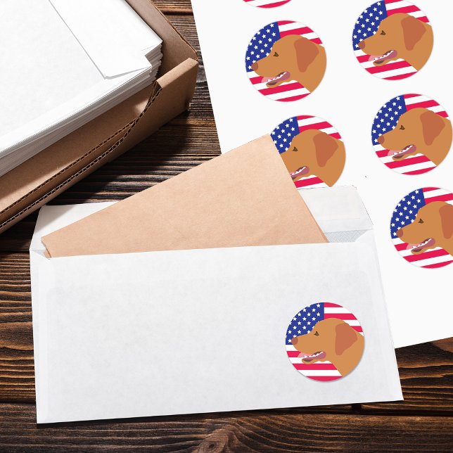 Fox Red Labrador Profile US Flag  Classic Round Sticker (Fox Red Labrador Profile US Flag Stickers for Labrador Owners in the US.  Sweet expression of Lab.)