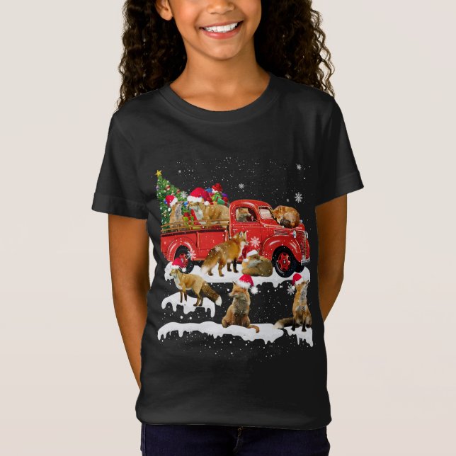 Fox Riding Red Truck Merry Christmas X-mas Ugly Gi T-Shirt (Front)