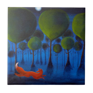 Fox Running In Woodland at Night. Tile