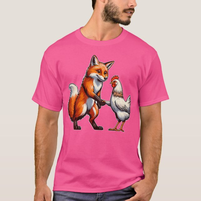 Fox Shakes Hands With Chicken Friendship Of Fox An T-Shirt (Front)