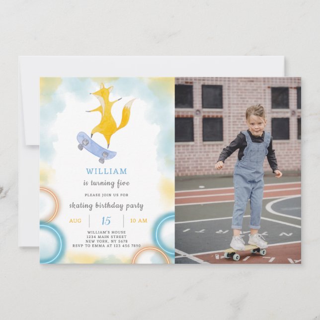 Fox Skating Birthday Invitation With Photo (Front)
