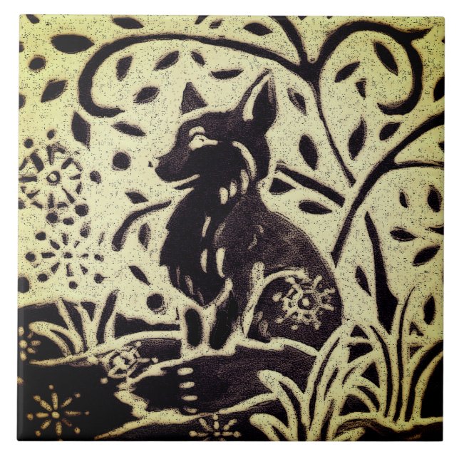 Fox Snow Grey Green Stoneware Winter Woodland Art Tile (Front)