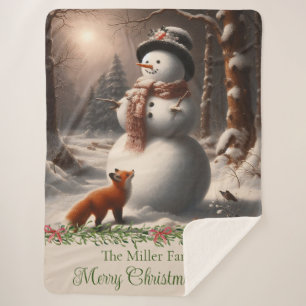 Fox Snowman Vintage Christmas Sherpa Blanket