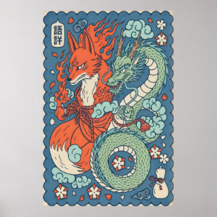 Fox Spirit and Dragon Print Japanese-Inspired Art