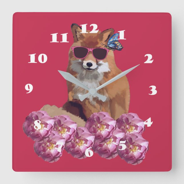 Fox, Sunglasser , Pink Wall Clock (Front)