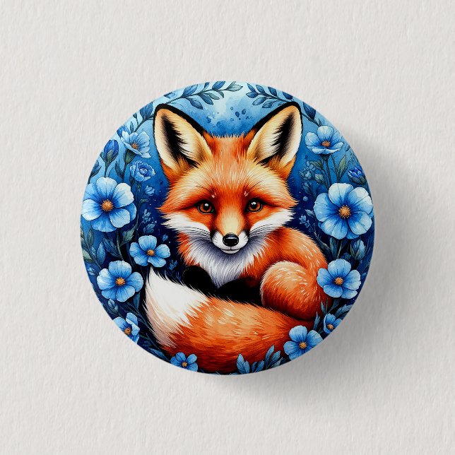 Fox Surrounded by Blue Flowers 3 Cm Round Badge (Front)
