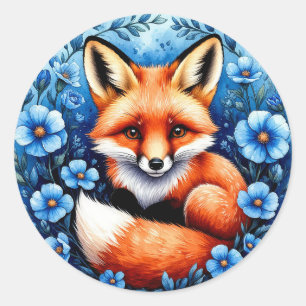 Fox Surrounded by Blue Flowers Classic Round Sticker