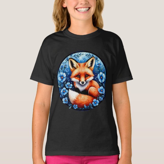 Fox Surrounded by Blue Flowers T-Shirt (Front)