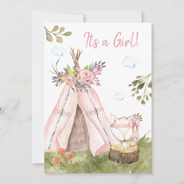 *~* Fox Teepee Tent Boho Woodland Forest Girl Invitation (Front)