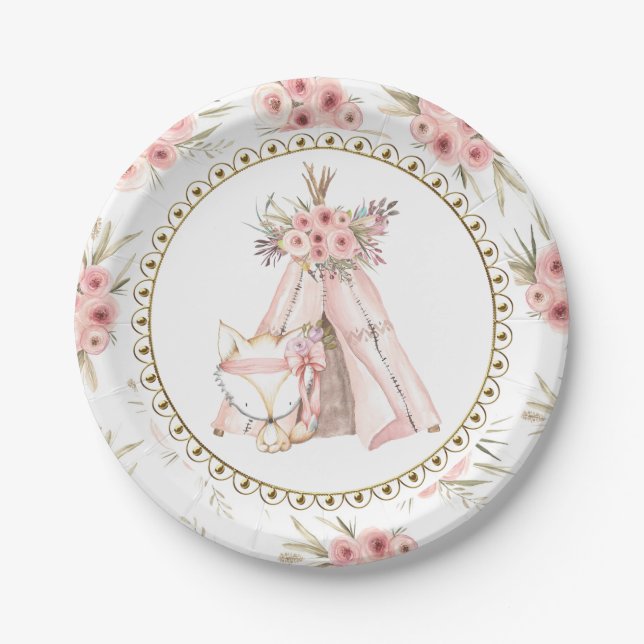 Fox TeePee Tribal Baby Shower Paper Plates (Front)