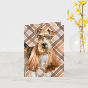 Fox Terrier Dog Earthy Plaid Monogrammed Card