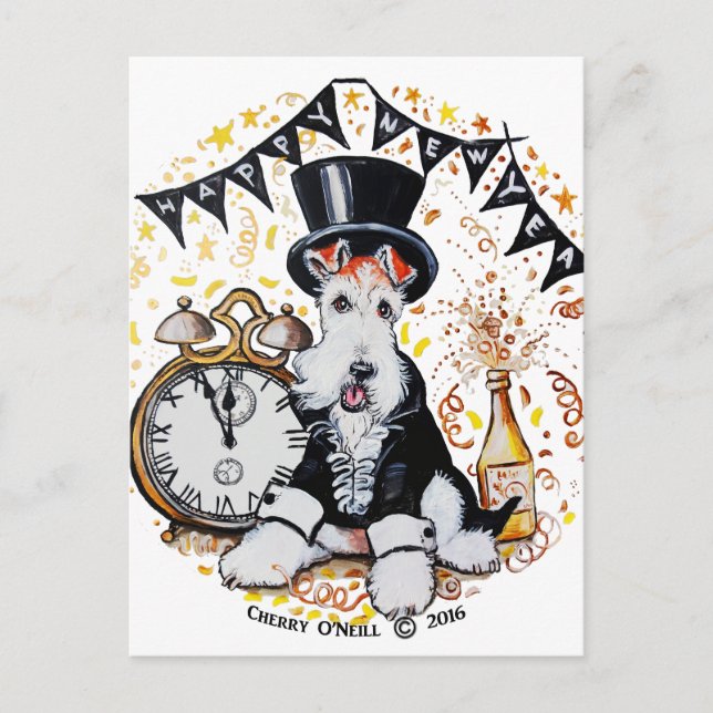 Fox Terrier Happy New Year Holiday Postcard (Front)