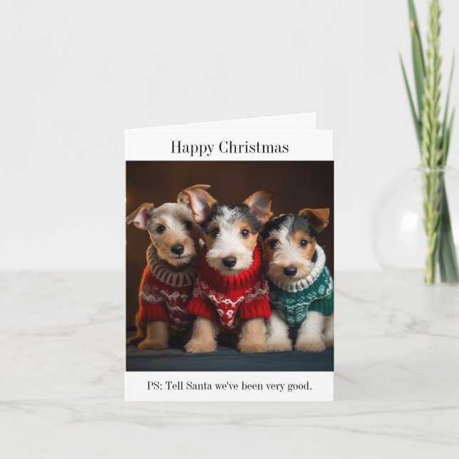 Fox Terrier Puppies in Christmas Sweaters Card (Front)