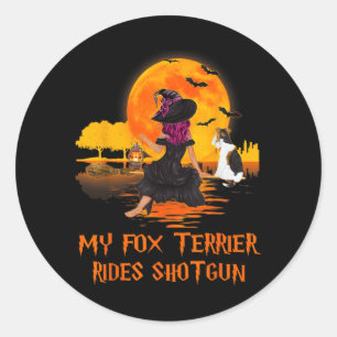 Fox Terrier Rides Shotgun Dog And Witch Halloween Classic Round Sticker
